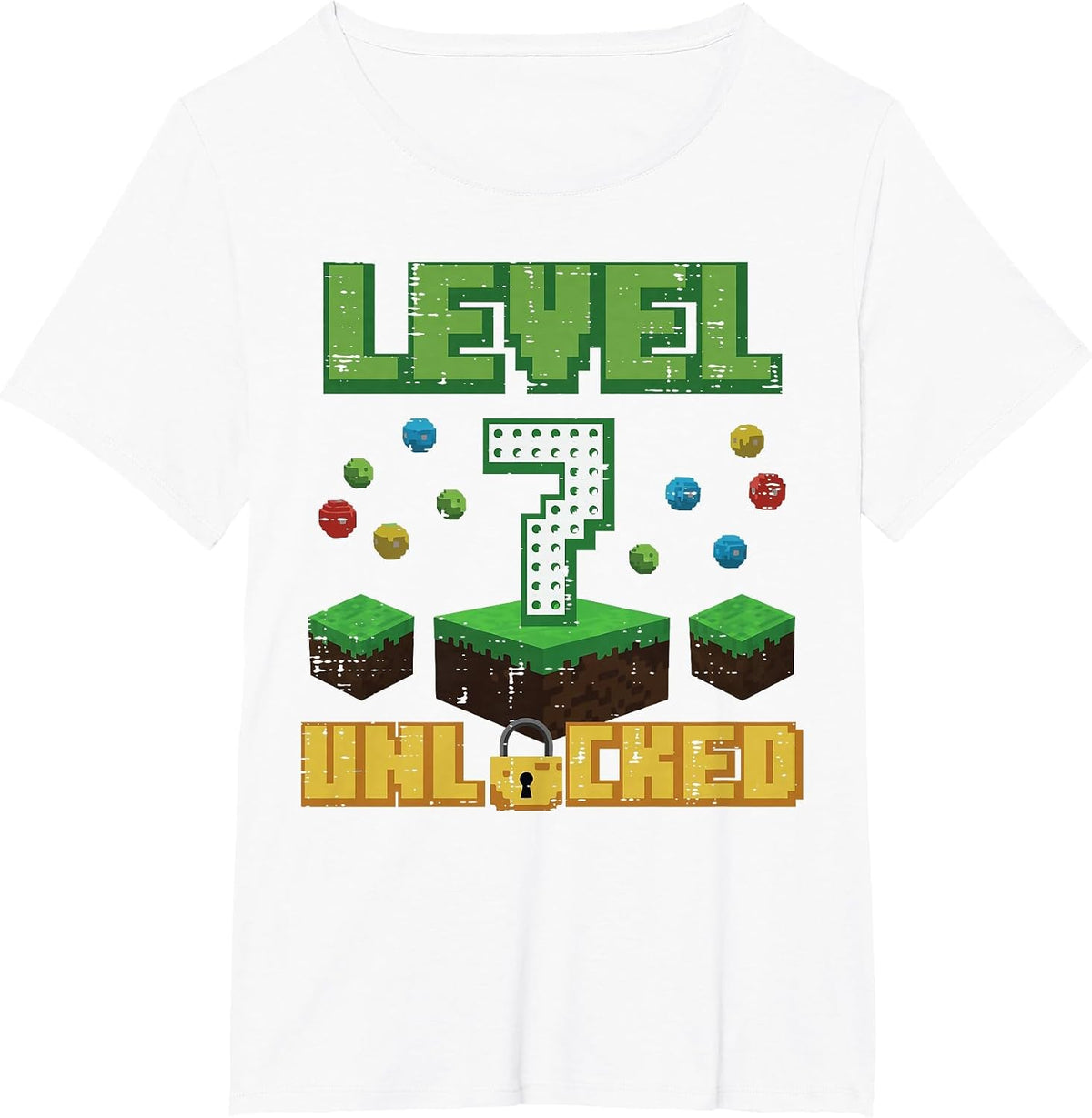 Level 7 Unlocked Pixel Gamer 7th Birthday Gaming Boys Kids T-Shirt - White