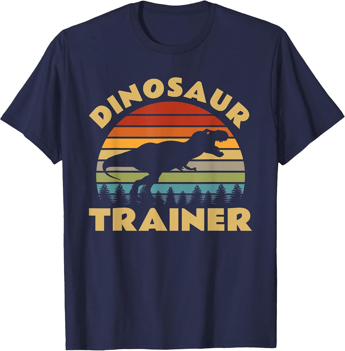 Dinosaur Trainer Halloween Costume Retro Sunset Dino Outline T-Shirt - Navy Blue