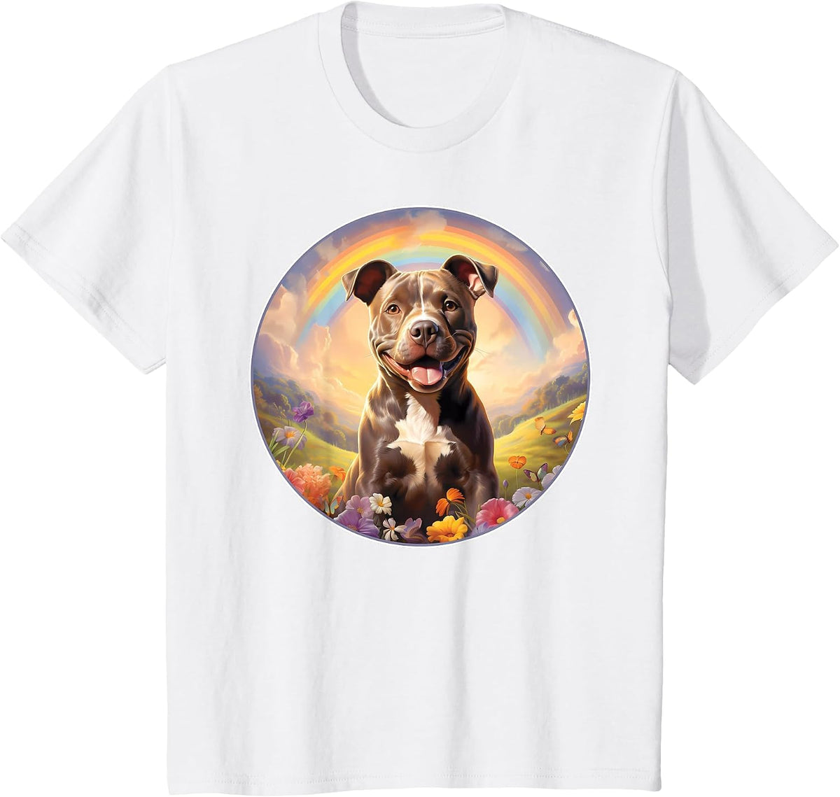 Pitbull Rainbow Bridge Memorial Colorful Dog Art T-Shirt - White