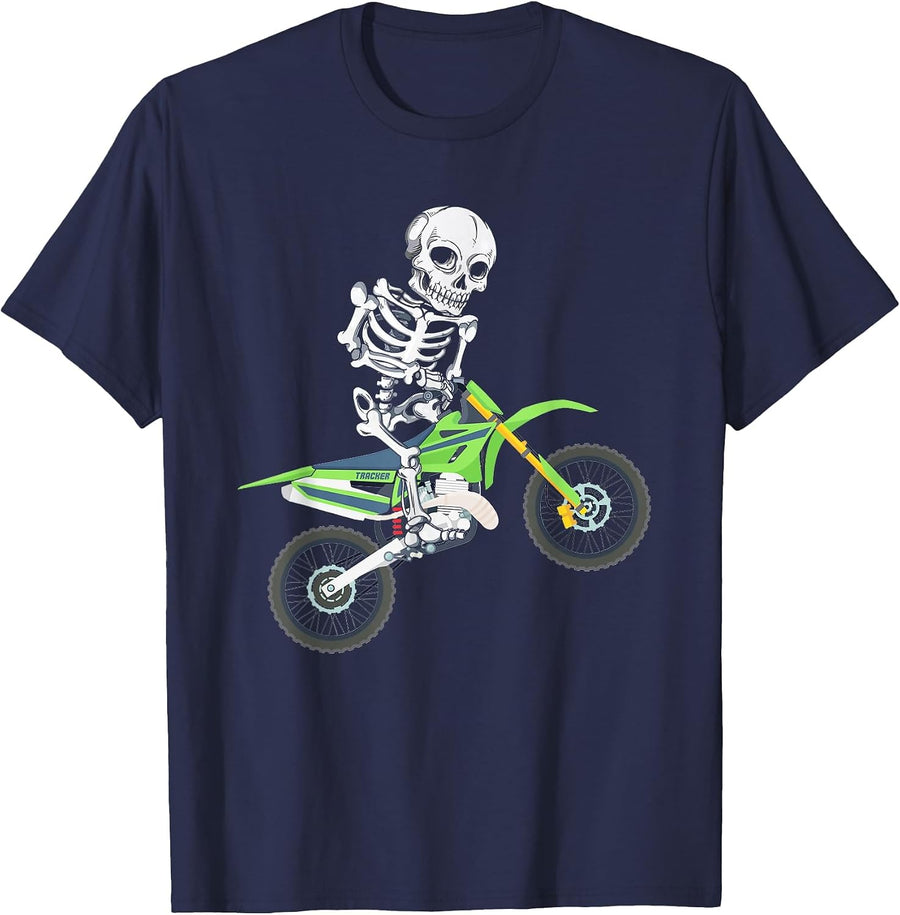 Skeleton Dirt Bike Halloween Motocross Biker T-Shirt - Navy Blue