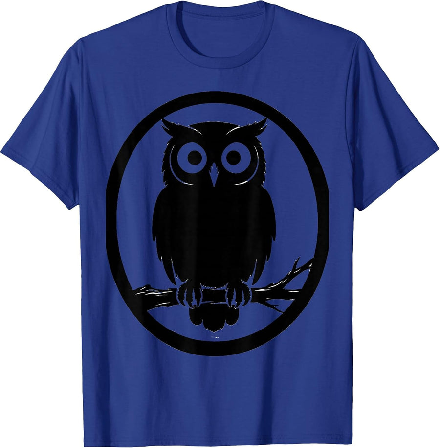 Wise Owl on Branch Wide Eyes Nature Illustration T-Shirt - Royal Blue