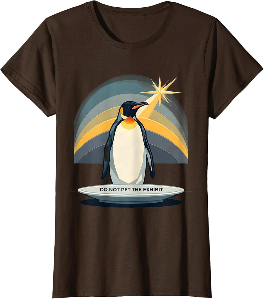 Women's Do Not Pet The Exhibit Funny Penguin Van Gogh Art Parody T-Shirt - Brown