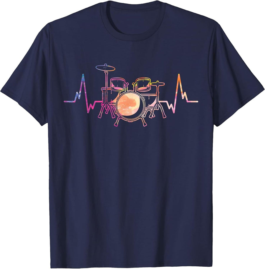 Retro Heartbeat Drummer Drums Drumming Drum Set T-Shirt - Navy Blue