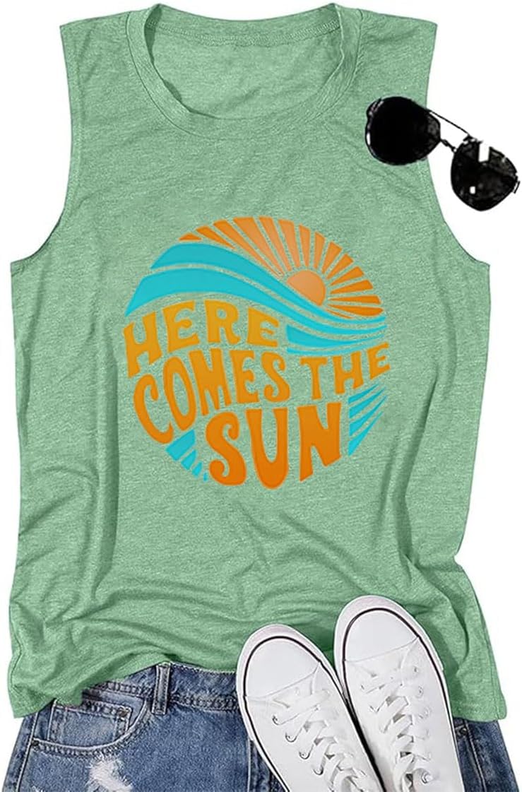 Beach Tanks Women Vacation Shirts Salt Sunshine Life Graphic Summer Tops - Pale Green