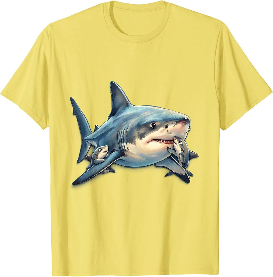 Men's Mommy Shark Mother and Pups Graphic Design T-Shirt - Lemon Yellow