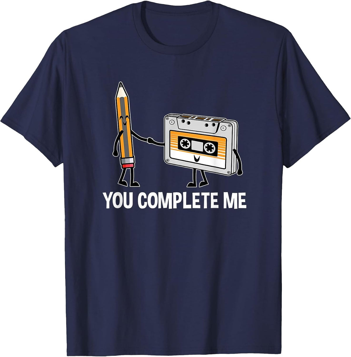 You Complete Me Vintage 80s 90s Pencil and a Cassette Tape T-Shirt - Navy Blue