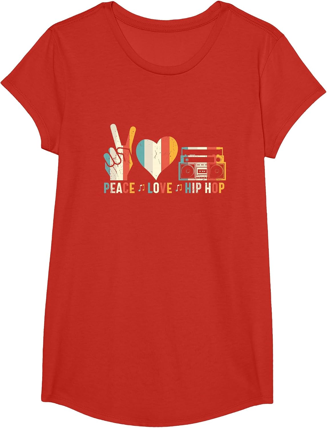 Peace Love Hip Hop, Retro Vintage, Music Lover Design T-Shirt - Girls Red