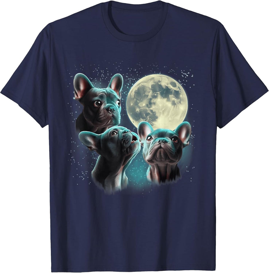 Funny Three French Bulldog Moon, 3 Frenchie Blue, Weird Cute T-Shirt - Navy Blue
