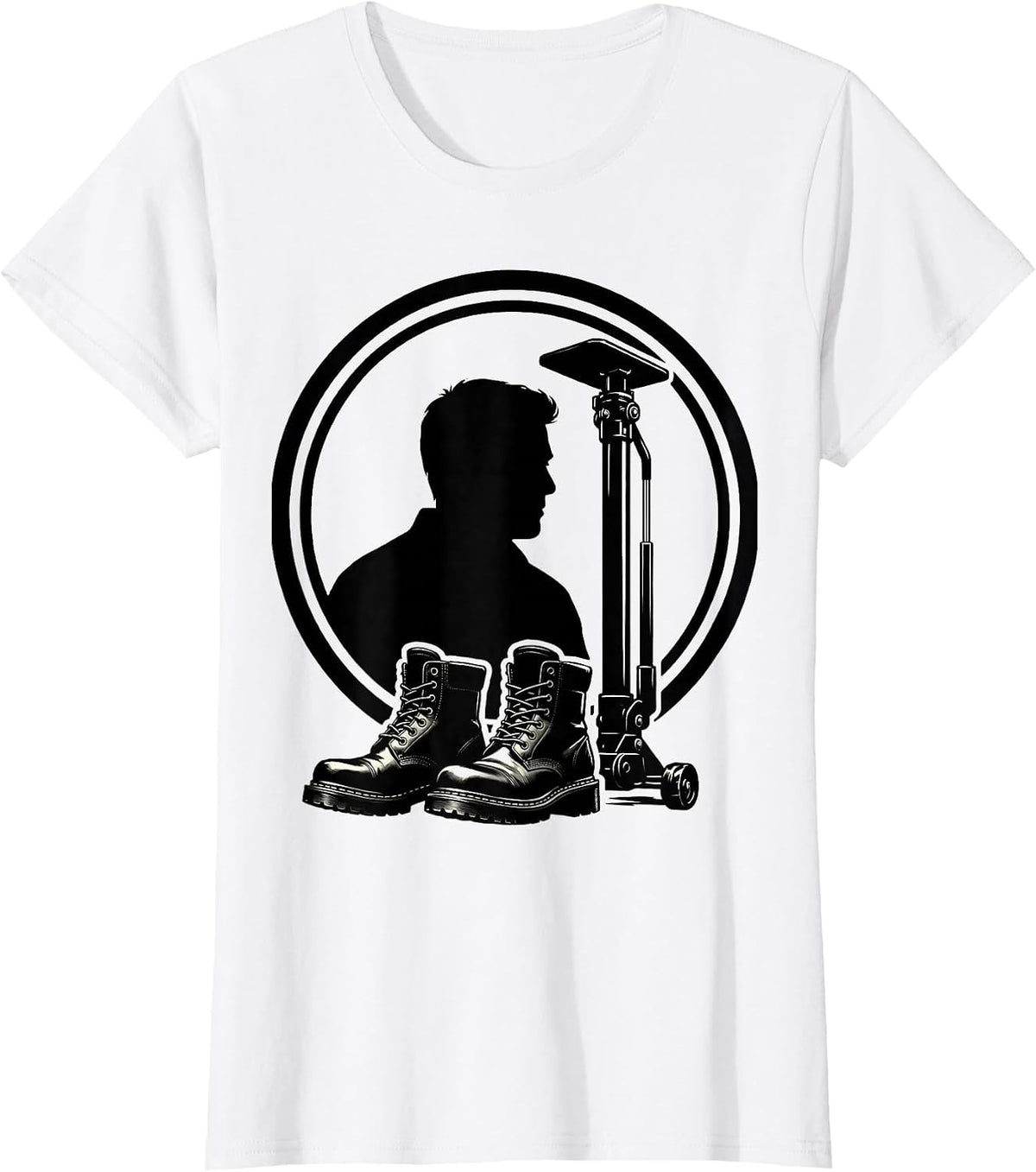 Oil-Stained Boots and Car Jack Mechanic Graphic T-Shirt - White