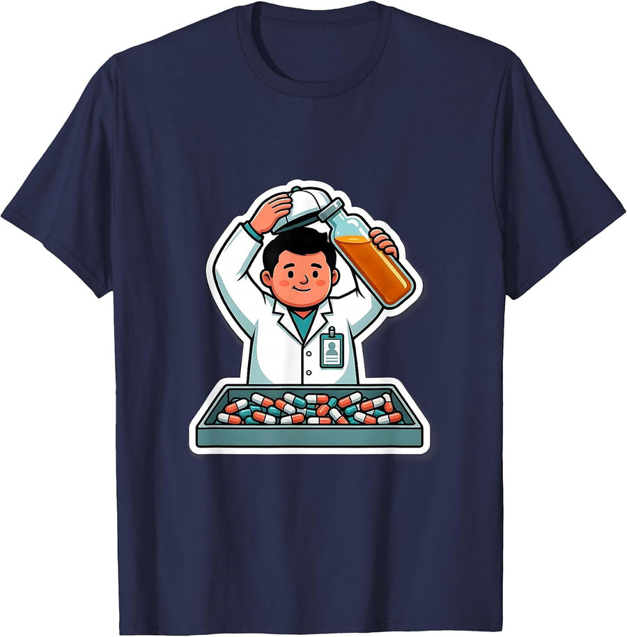 Cute Pharmacy Technician Sticker Style Occupational Humor T-Shirt - Navy Blue
