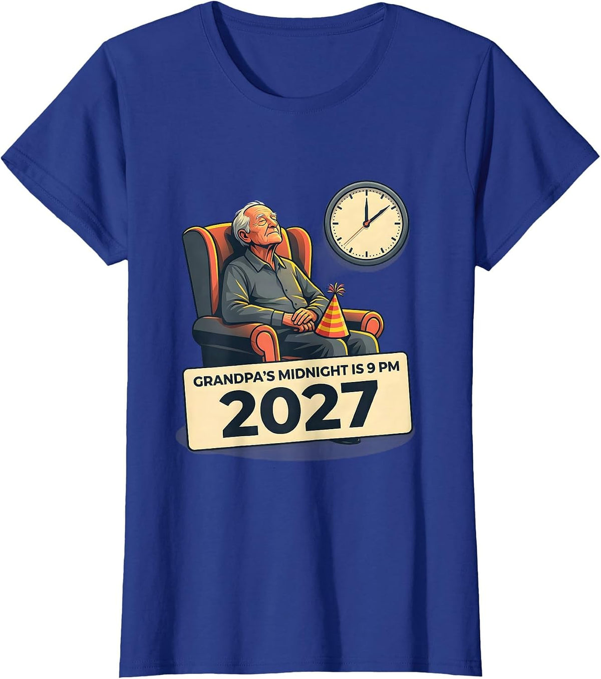 Women's Grandpa's Midnight Is 9 PM 2027 Funny New Year Family Party T-Shirt - Royal Blue