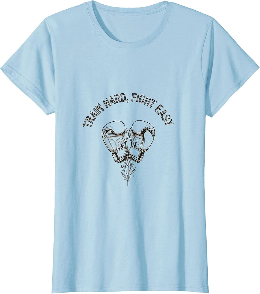 Women's Train Hard Fight Easy Boxing Gym Design T-Shirt - Baby Blue