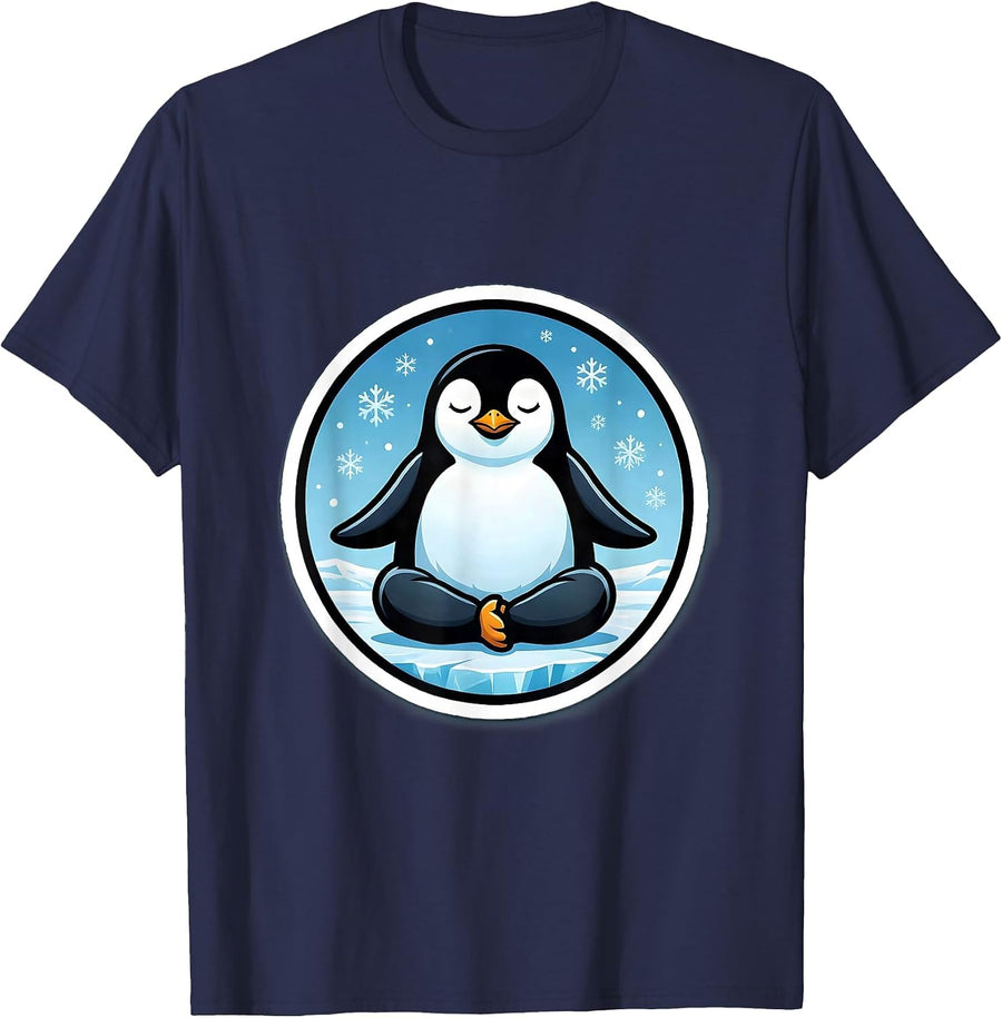 Meditating Penguin on Ice Zen Illustration T-Shirt - Navy Blue