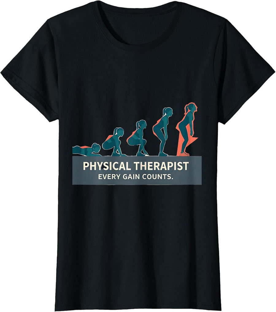 Women's Physical Therapist Every Gain Counts Retro Groovy Profession T-Shirt - Black
