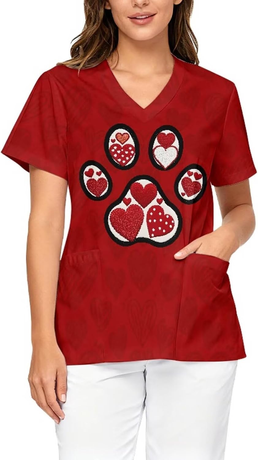 Scrub Tops for Women, V Neck Scrub Tops Moisture-Wicking Medical Nursing Stretchy Shirts with 2 Pockets - Footprints Hearts