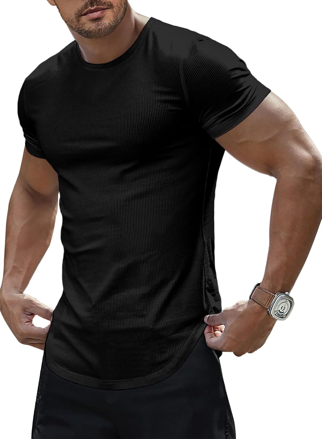 Mens Slim Fit Muscle Stretch Crewneck T-Shirt Summer Athlelic Shirts Longline Short Sleeve Tees Shirts - A Black