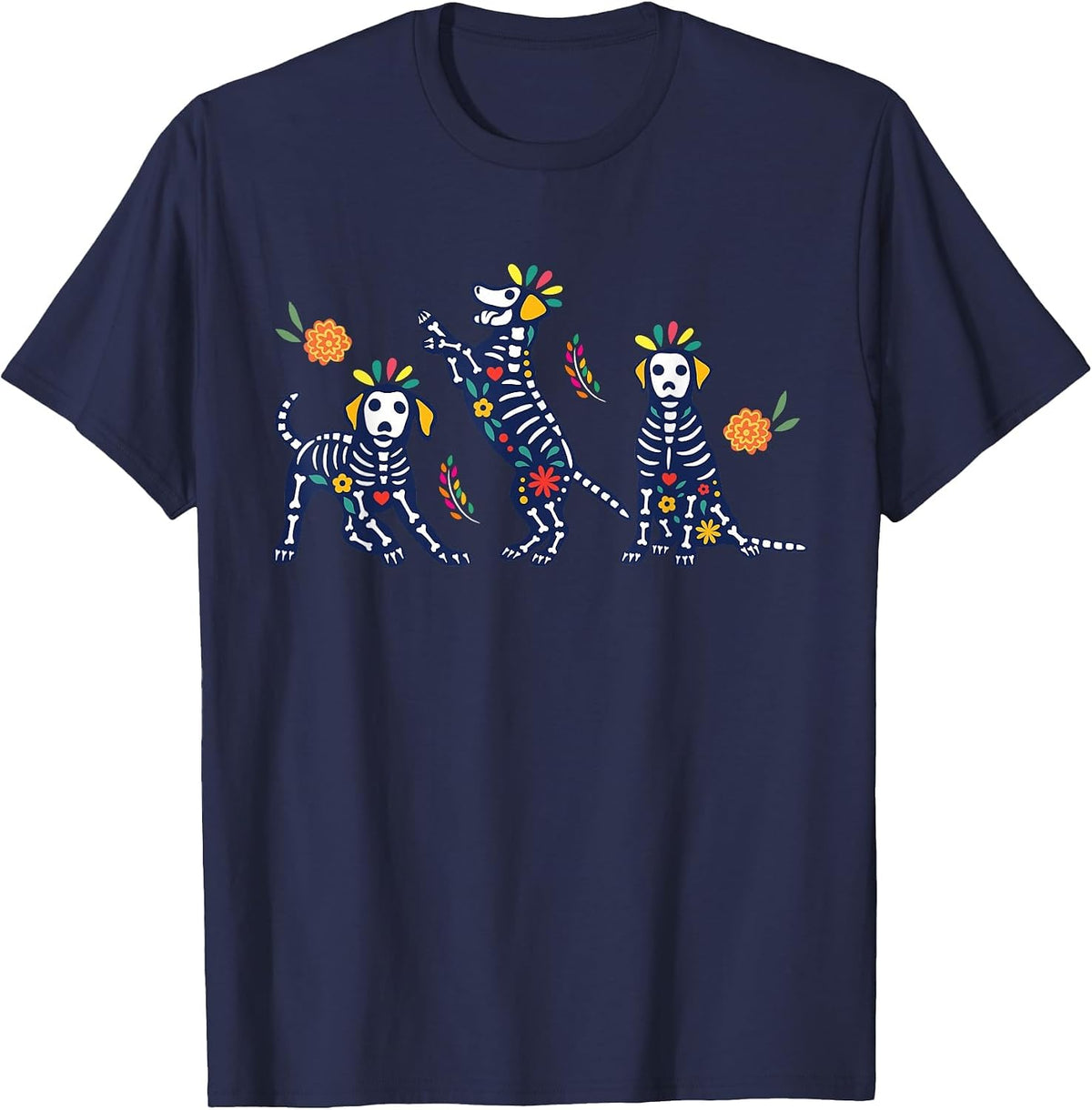 Day of the Dead Colorful Skeleton Dogs Mexican Halloween T-Shirt - Navy Blue