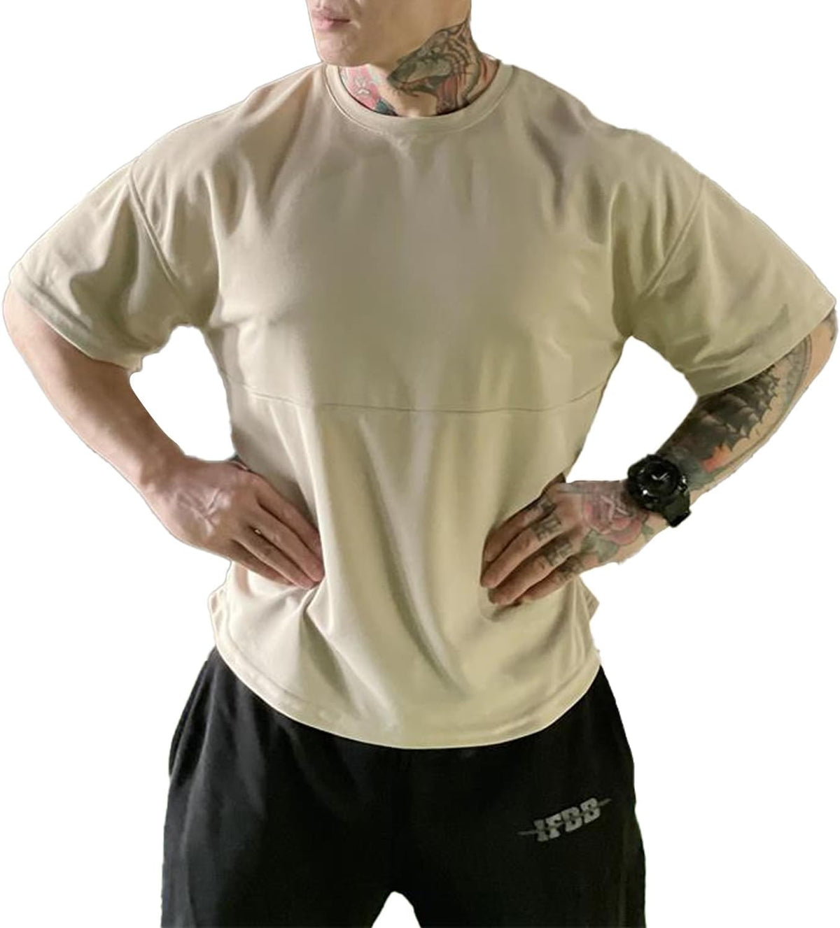 Mens Gym Workout Tshirt,Quick Dry Loose Fit Muscle Shirts,Athletic Short Sleeve Running Fitness Tee - Khaki