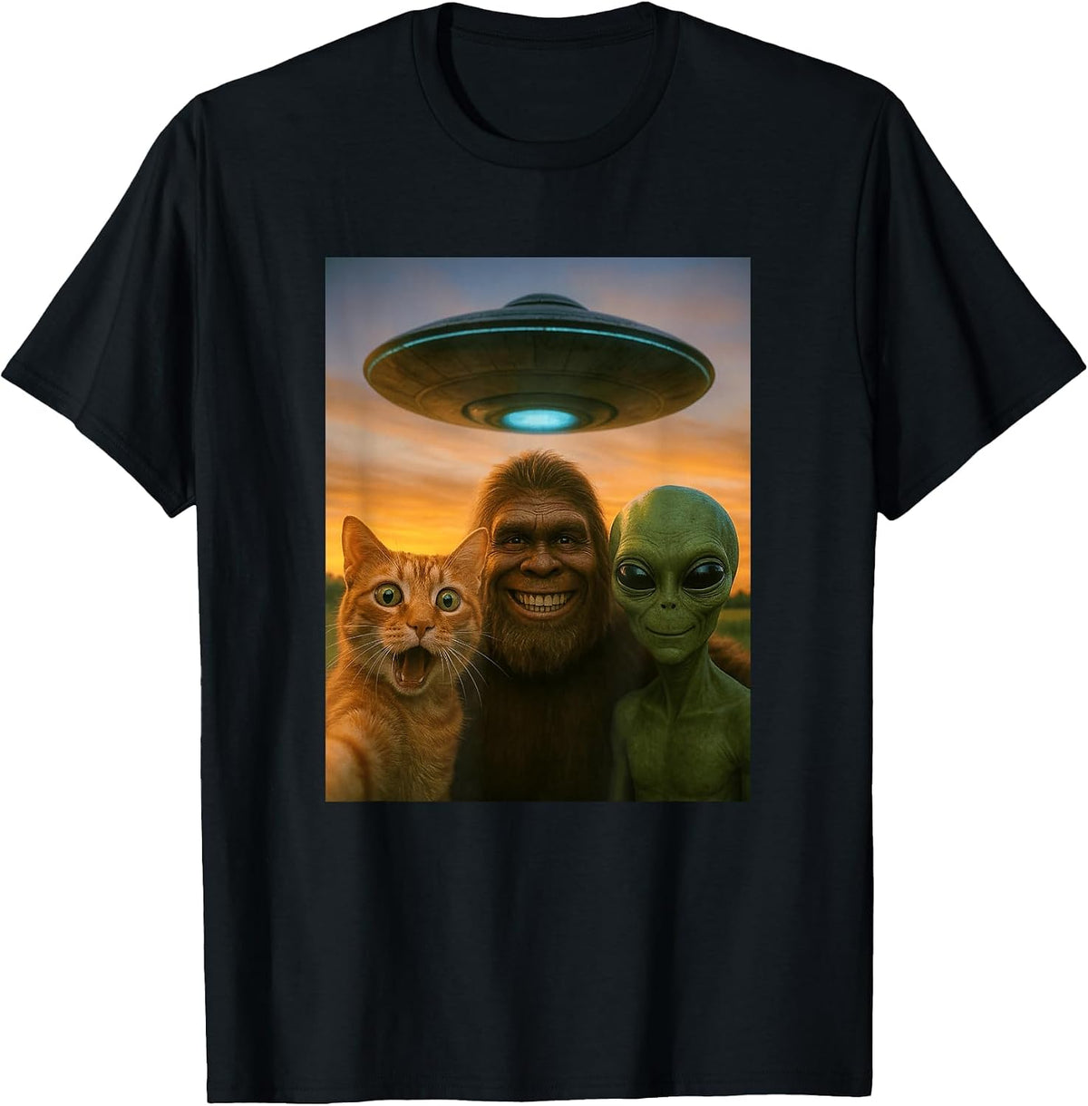 Orange Cat Selfie Bigfoot UFO Alien T-Shirt - Black