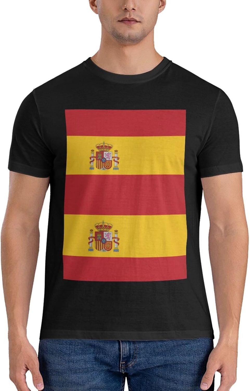 Spanish Flag Men's 100% Cotton Crewneck T-Shirt - Soft Breathable Black Short Sleeve Everyday Tee - Black