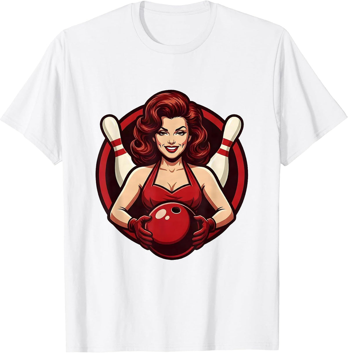 Men's Retro Pin-Up Bowling Illustration Design T-Shirt - White