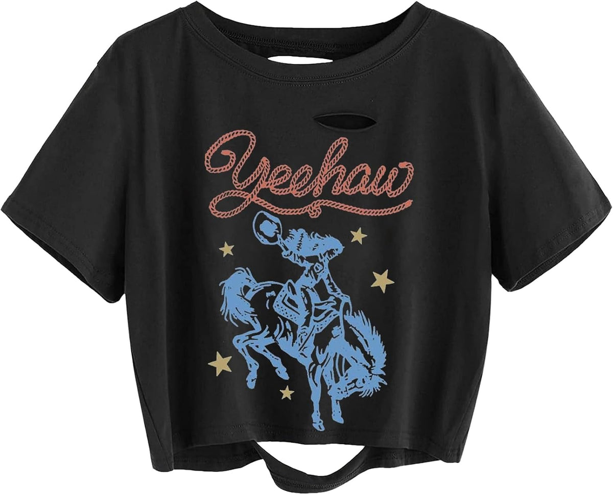 TIXOM Women Country Music Graphic Distressed Tee Shirt Sexy Ripped Short Sleeve Crop Tops - 01black-4
