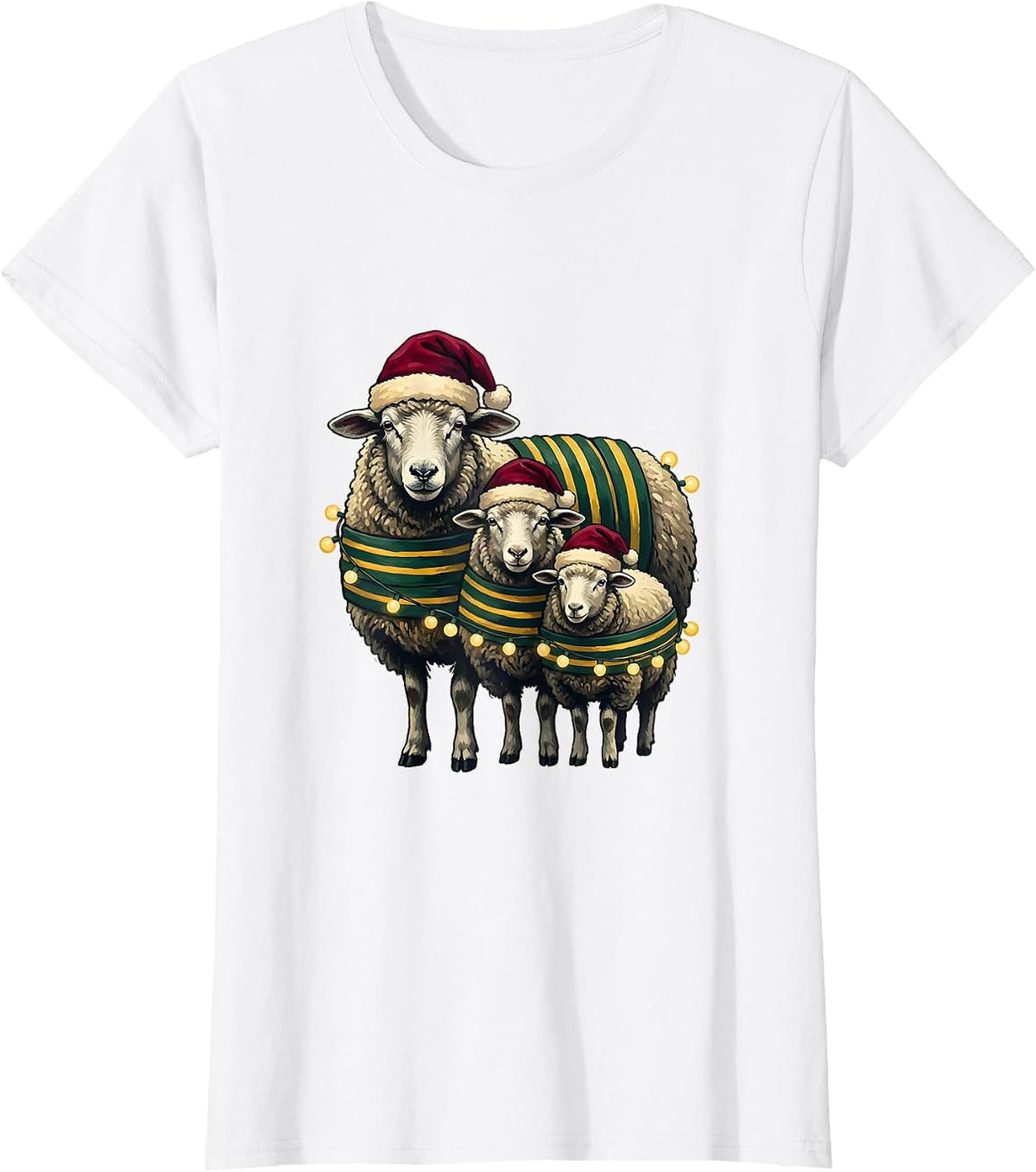 Women's Sheep Santa Hat Christmas Lights Family Matching Pajama T-Shirt - White
