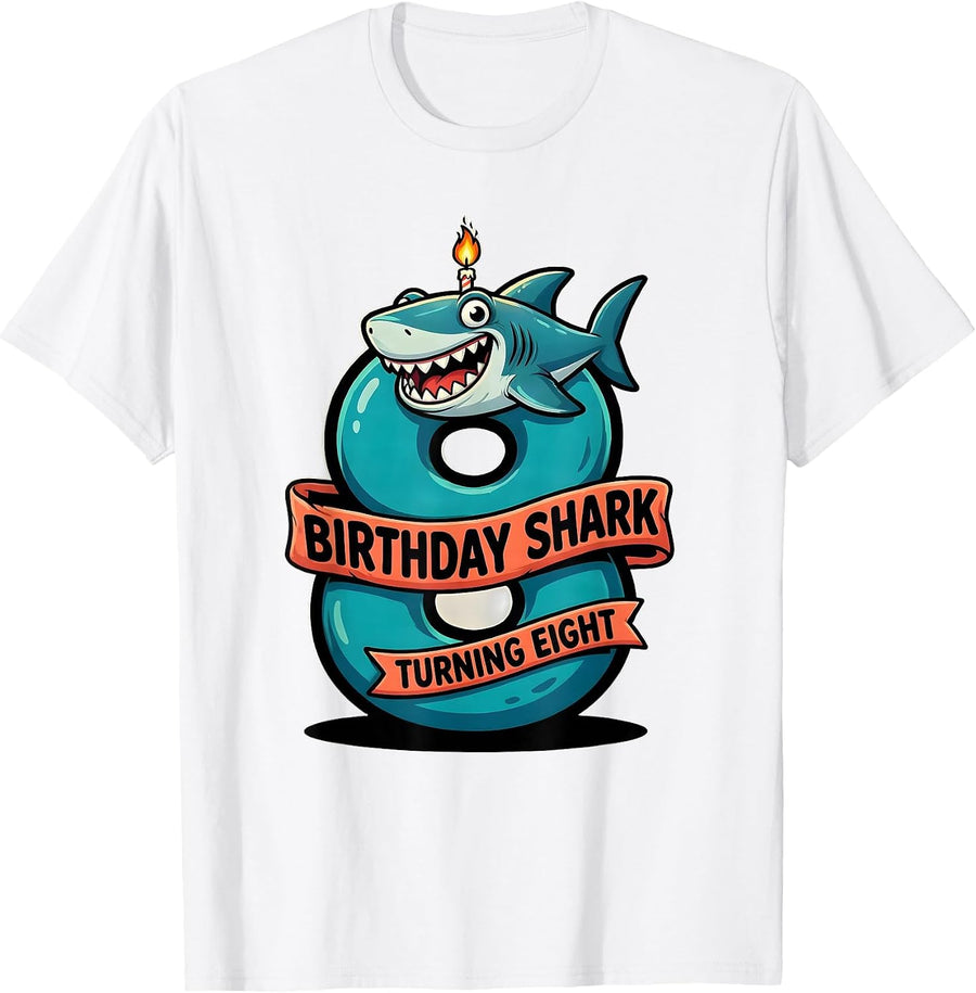 Men's Birthday Shark Turning Eight Cartoon Shark Lover Family T-Shirt - White