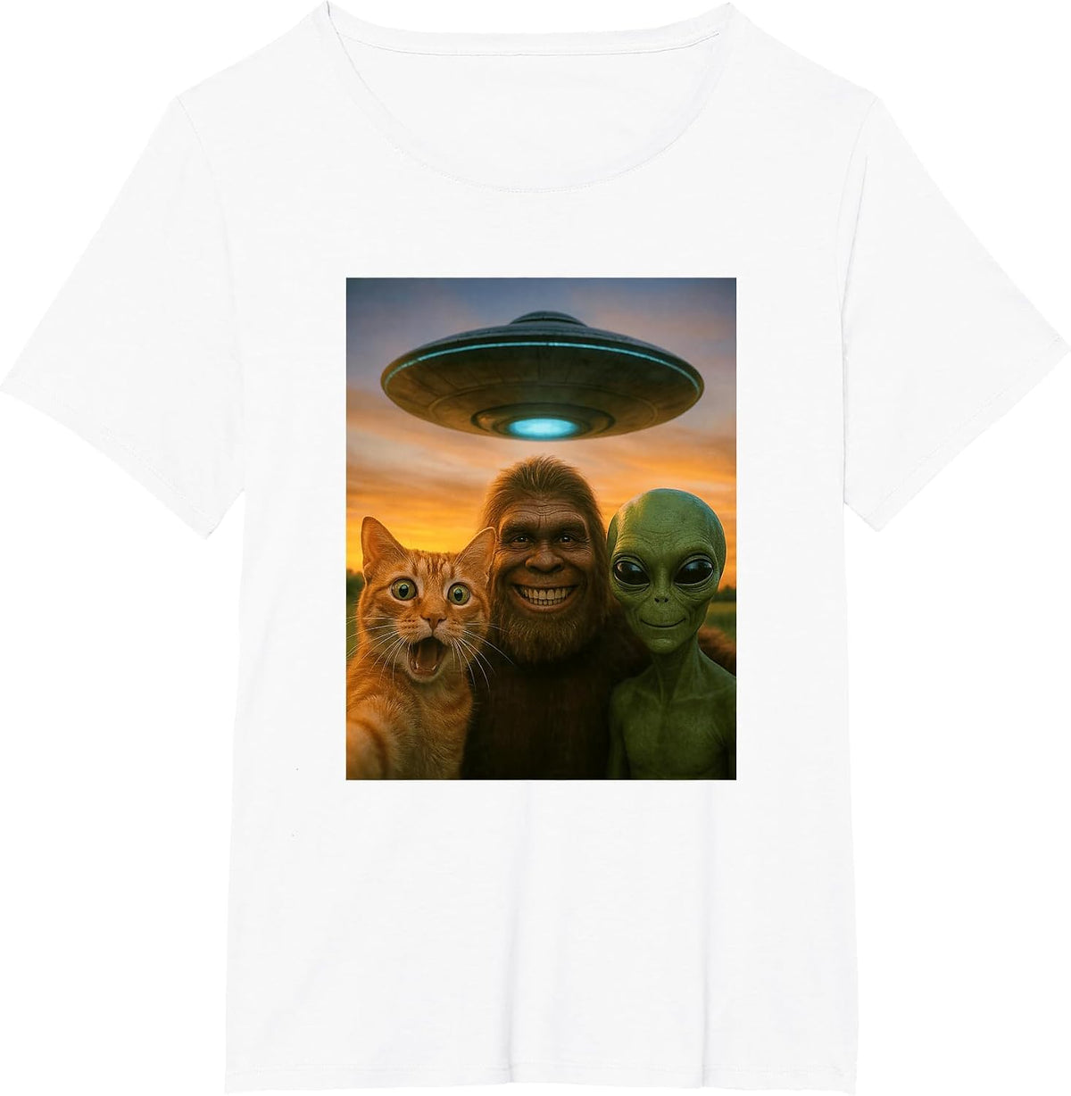 Orange Cat Selfie Bigfoot UFO Alien T-Shirt - White