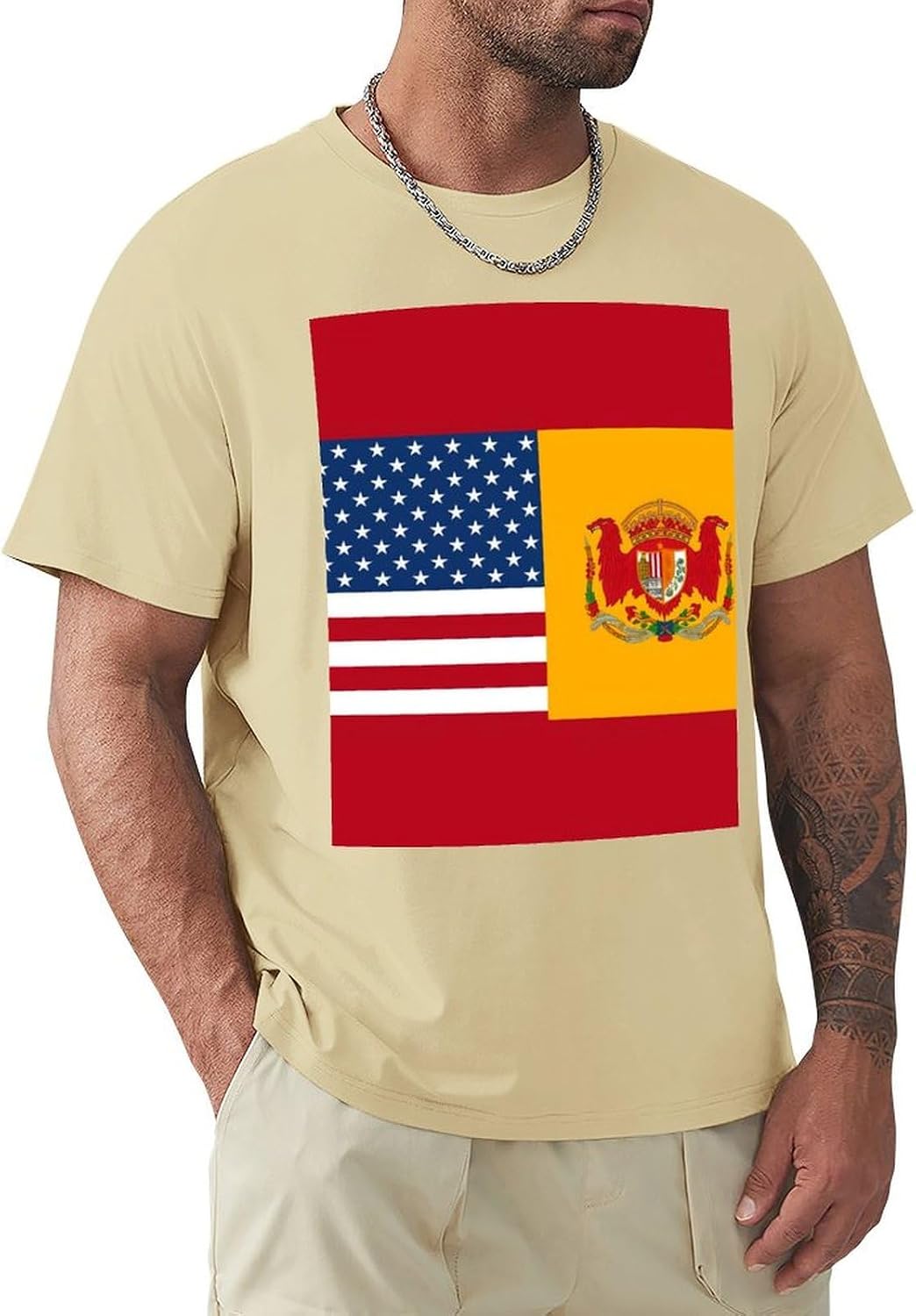 T Shirts American Spain Flag Short Sleeve for Men Crewneck Tees Trendy Lightweight Casual Summer Tees Sand Colour - American