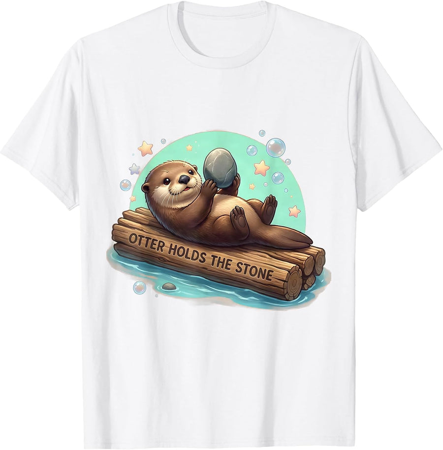 Otter Holds the Stone Cute Kawaii Sea Otter Awareness Week T-Shirt - White