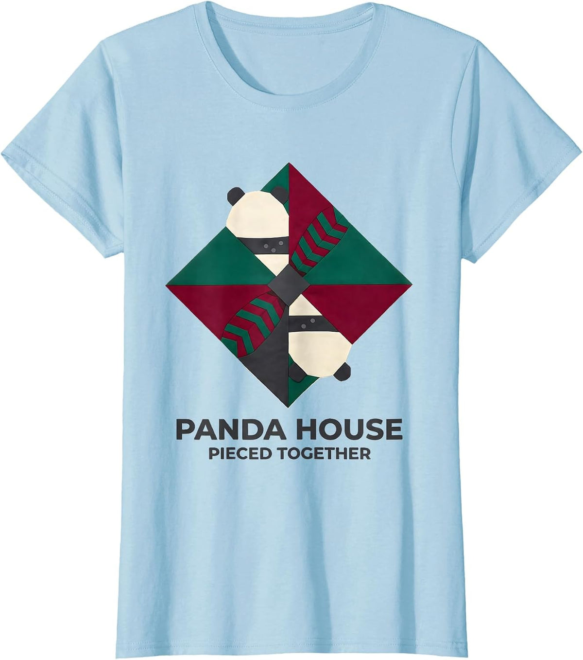 Panda House Pieced Together Quilt Block Patchwork Animal T-Shirt - Baby Blue