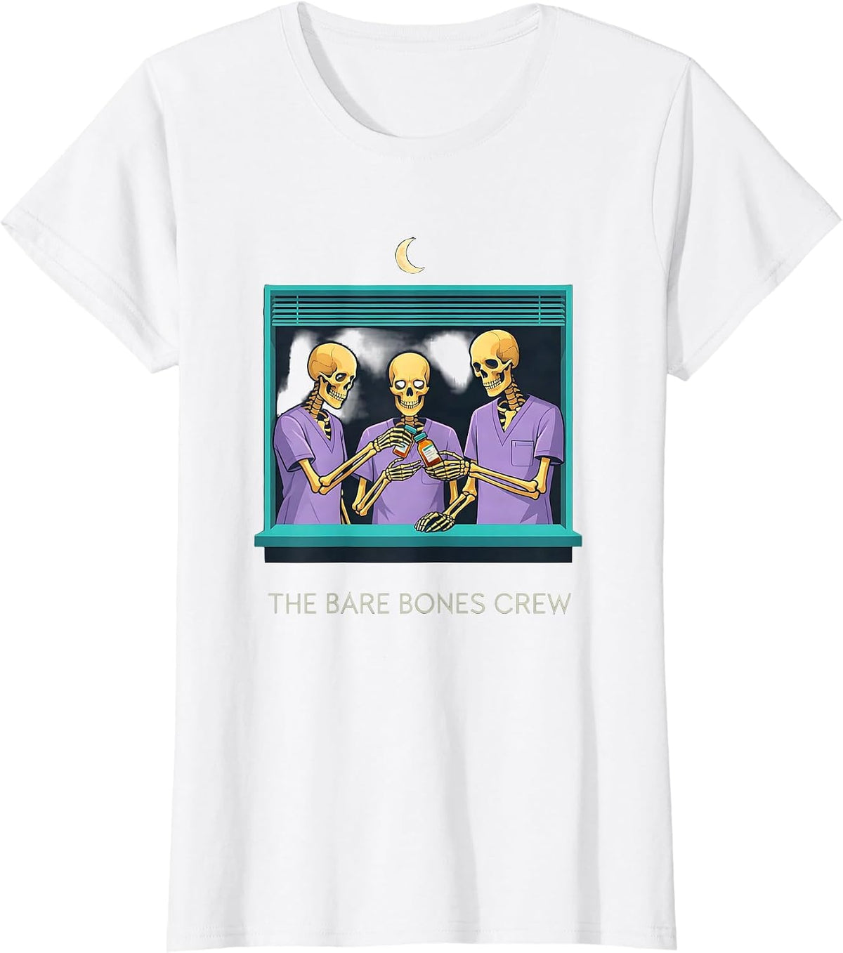 Women's The Bare Bones Crew Funny Pharmacy Tech Halloween Crew T-Shirt - White