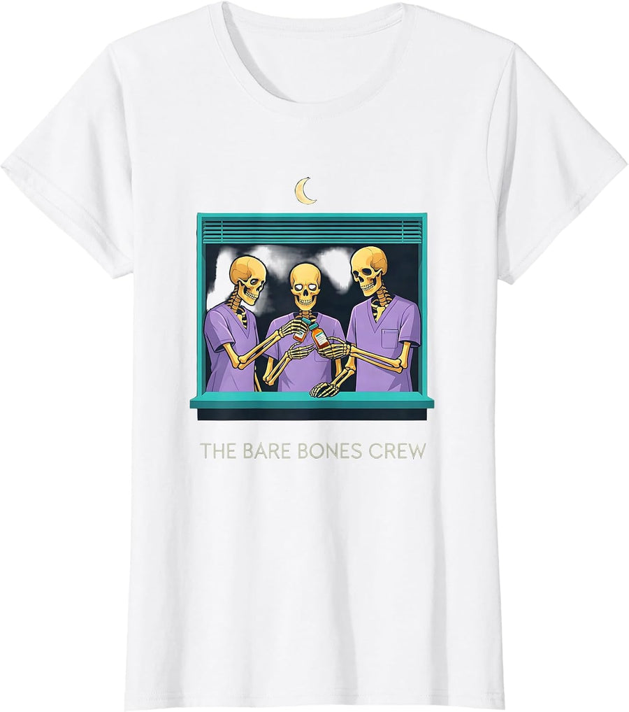 Women's The Bare Bones Crew Funny Pharmacy Tech Halloween Crew T-Shirt - White