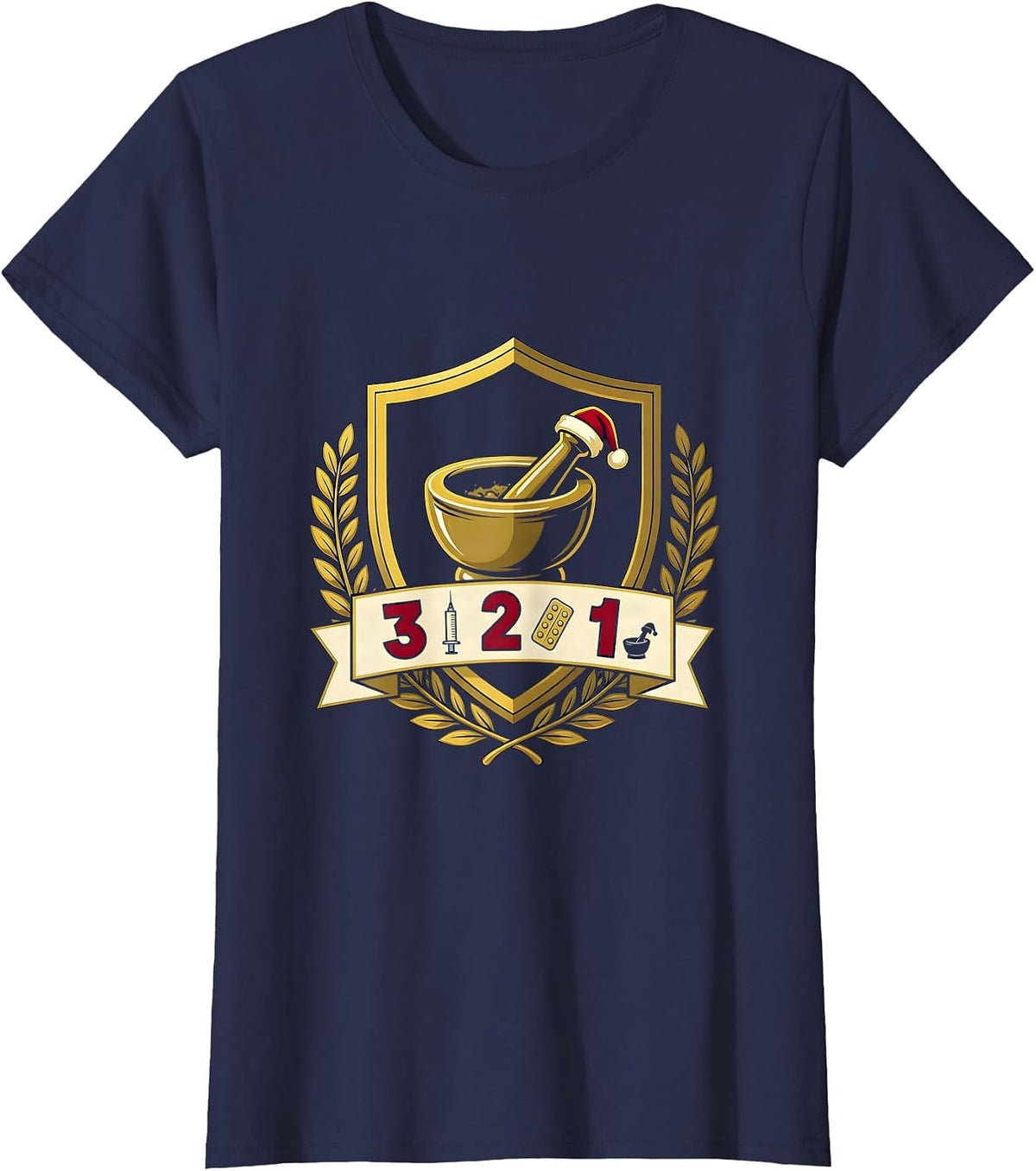 Women's 3 Flu Shots, 2 Unit-Dose Trays, 1 Santa Hat Mortar Pharmacy T-Shirt - Navy Blue