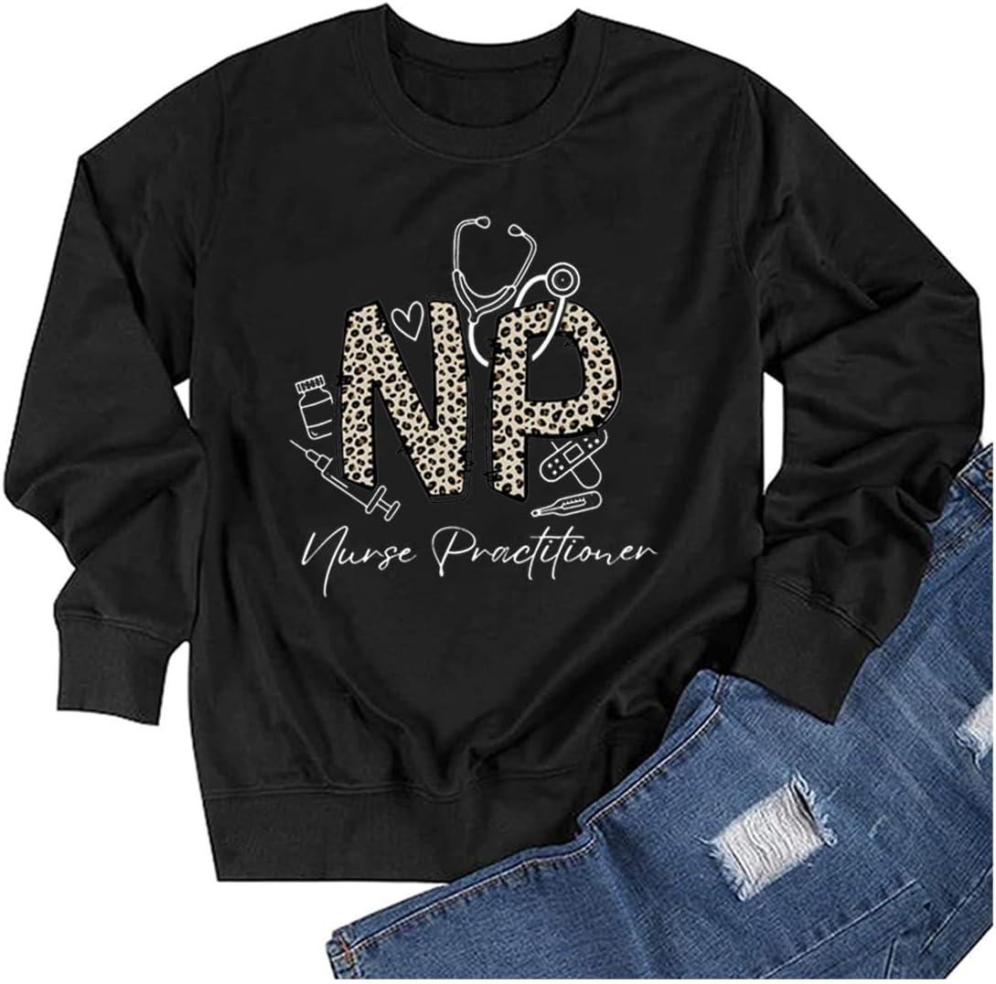 TSIIUO Funny Nurse Practitioner Sweatshirt for Women NP Nurse Life Shirts Leopard Nursing Long Sleeve Pullover Tops - Black