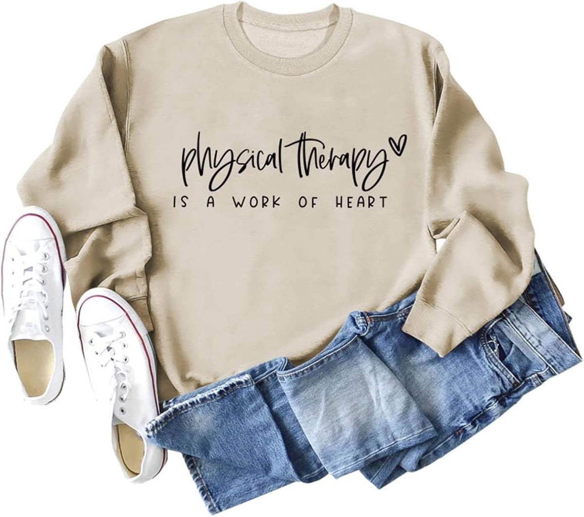 Physical Therapy is A Work of Heart Sweatshirt Womens Casual Long Sleeve Crew Neck T-Shirts Funny Letter Graphic Tops - Khaki