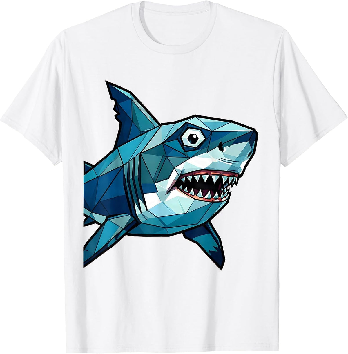 Men's Geometric Low-Poly Shark Art Design T-Shirt - White