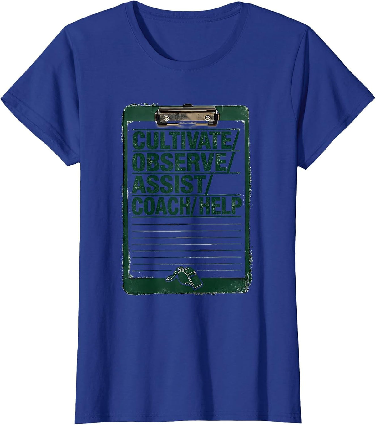 Women's CULTIVATE OBSERVE ASSIST COACH HELP Rubber Stamp Coach T-Shirt - Royal Blue