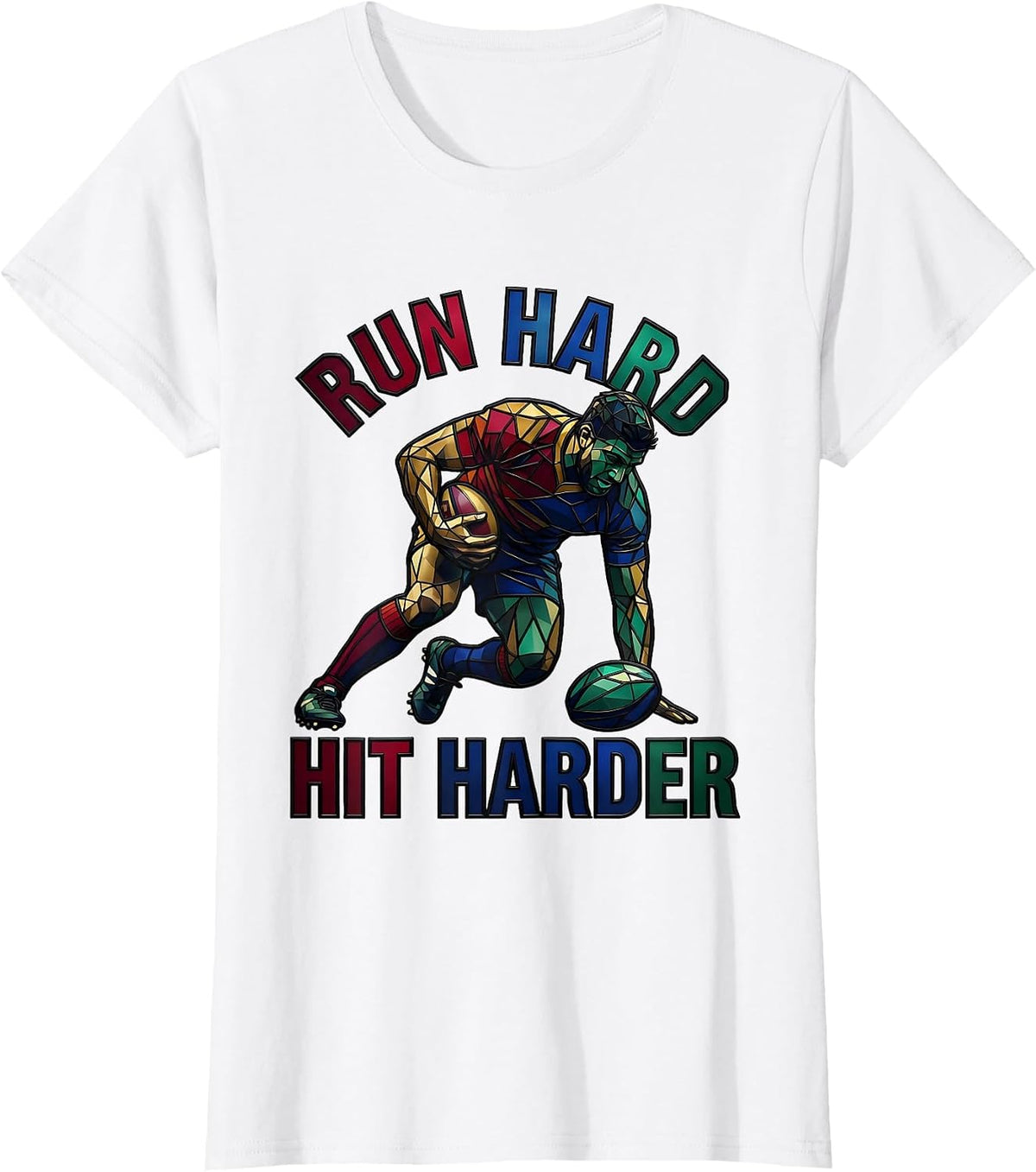 Run Hard Hit Harder Rugby Graphic Design T-Shirt - White