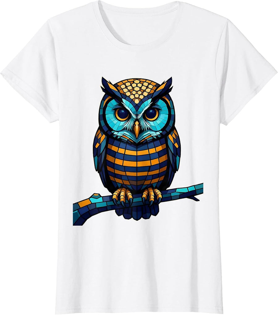 Women's Forward-Facing Owl Stained Glass Mosaic Nature Lover T-Shirt - White