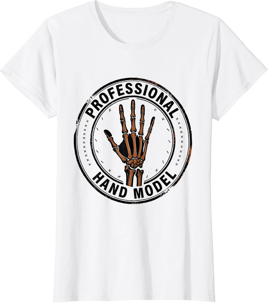 Women's Professional Hand Model Rubber Stamp Skeleton Halloween T-Shirt - White