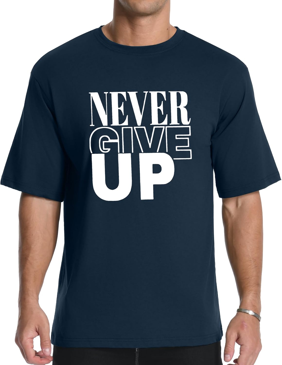 AIYINO Men's Never Give Up Tee – Bold Slogan Graphic - Navy