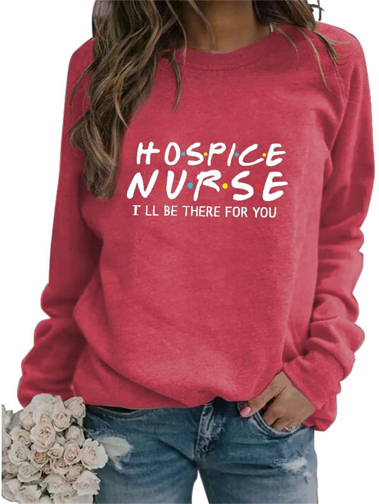 Hospice Nurse Sweatshirt Women Long Sleeve Letter Print Graphic Pullover Top Crew Neck Shirts Gifts Nursing Student - 04 Red