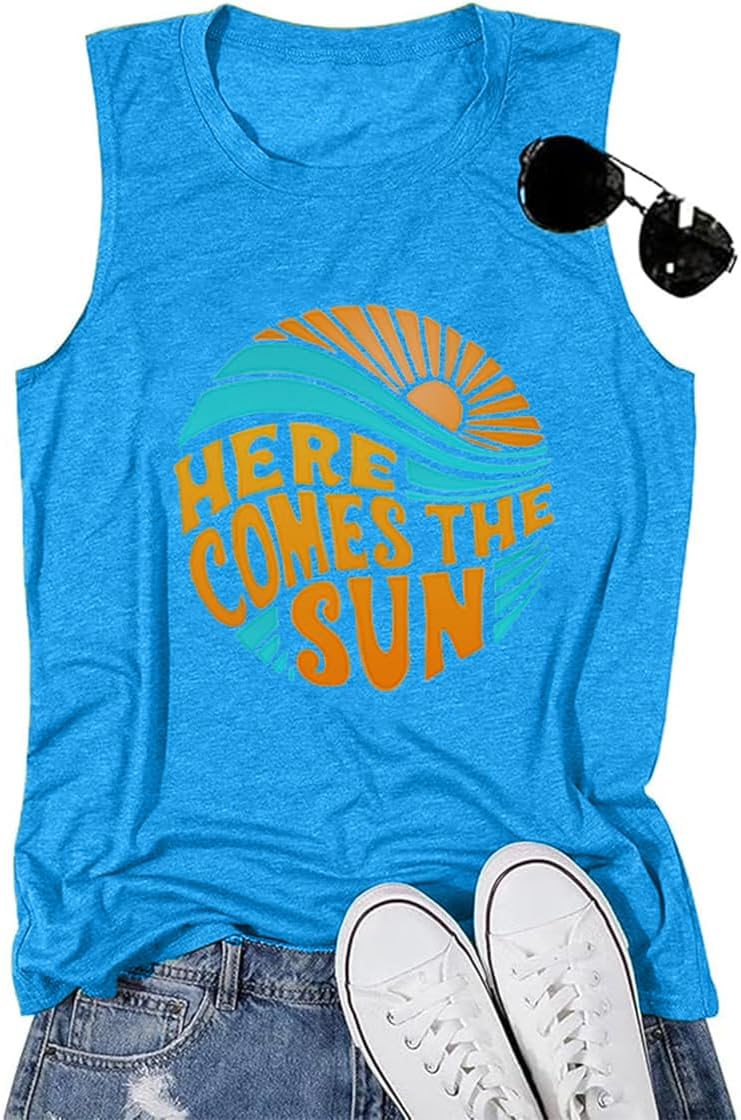 Beach Tanks Women Vacation Shirts Salt Sunshine Life Graphic Summer Tops - Sky Blue