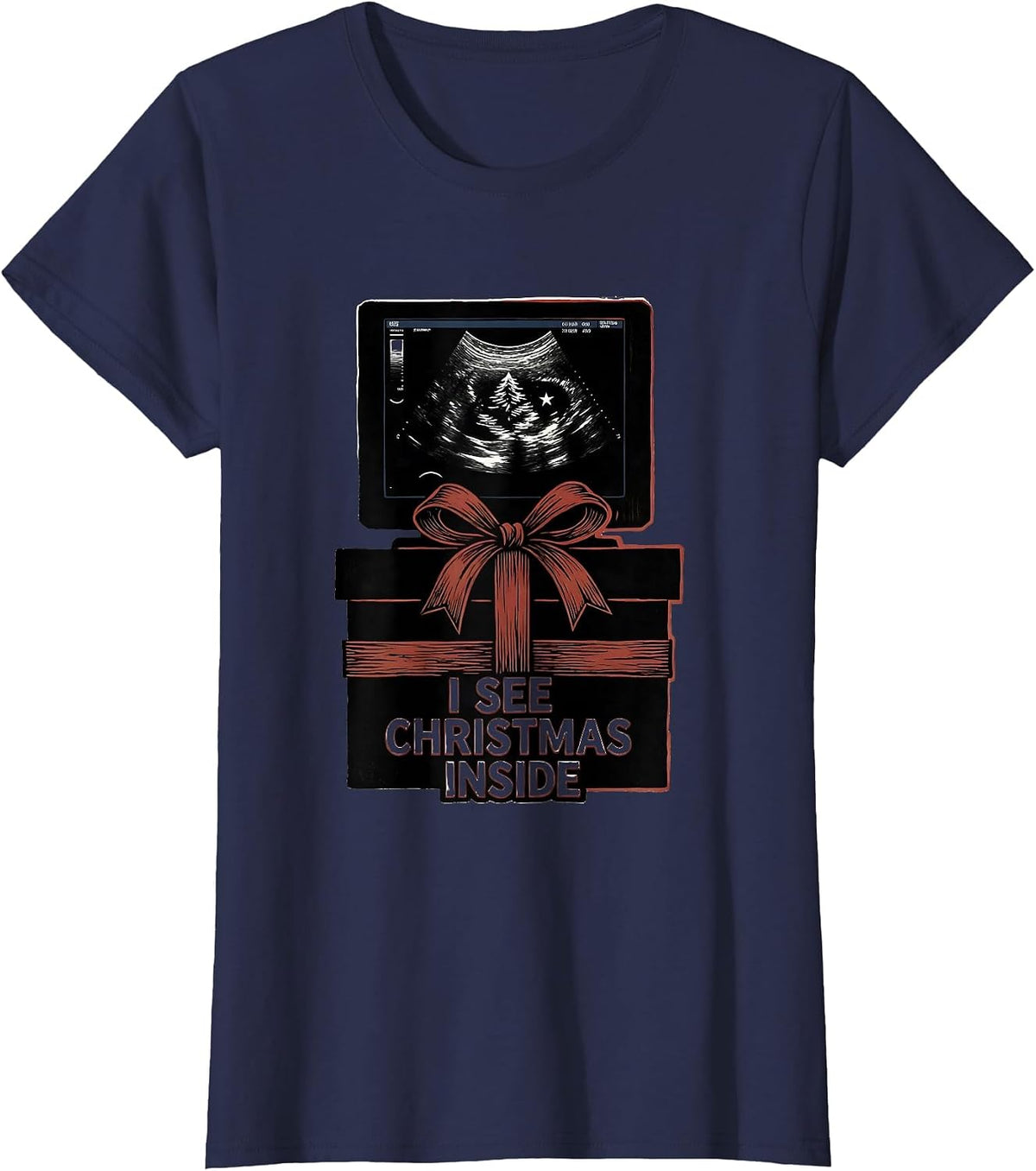 Women's I See Christmas Inside Funny Sonographer Ultrasound Tech T-Shirt - Navy Blue