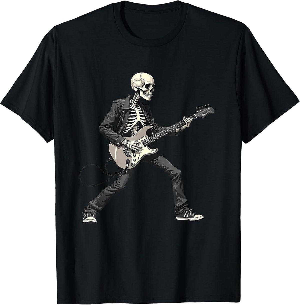 Rock On Skeleton Guitar Player - Spooky Halloween Guitarist T-Shirt - Black