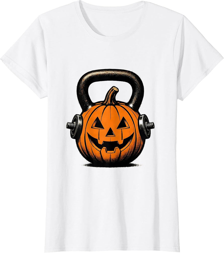 Women's Jacked O Lantern Kettlebell Halloween Gym Workout Lifting T-Shirt - White