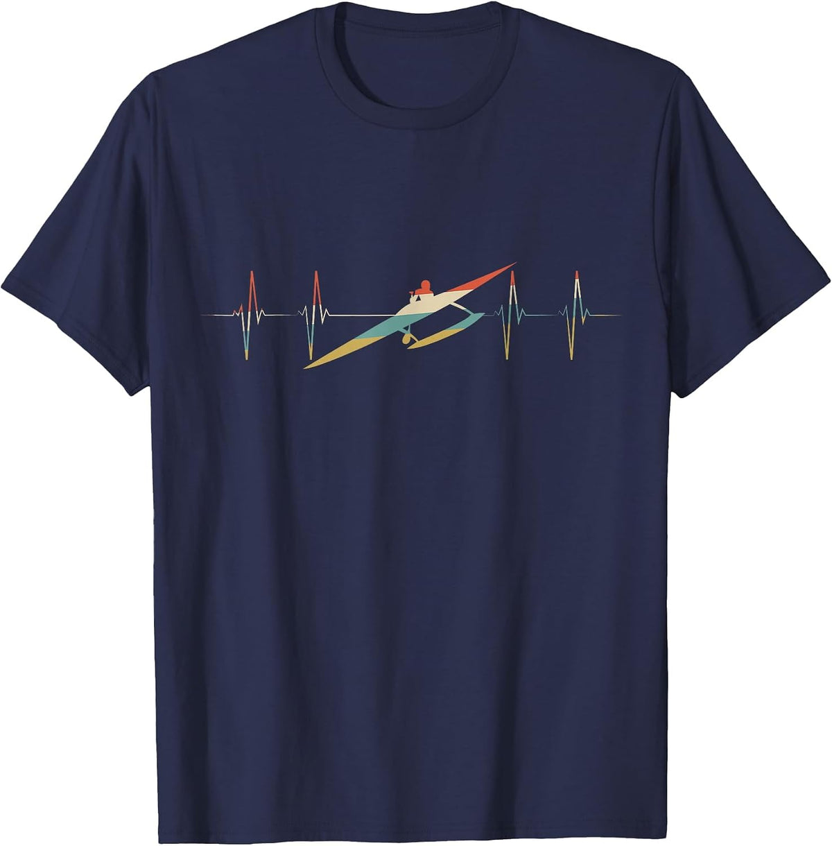 Outrigger Canoeing Heartbeat Retro ECG EKG T-Shirt - Navy Blue