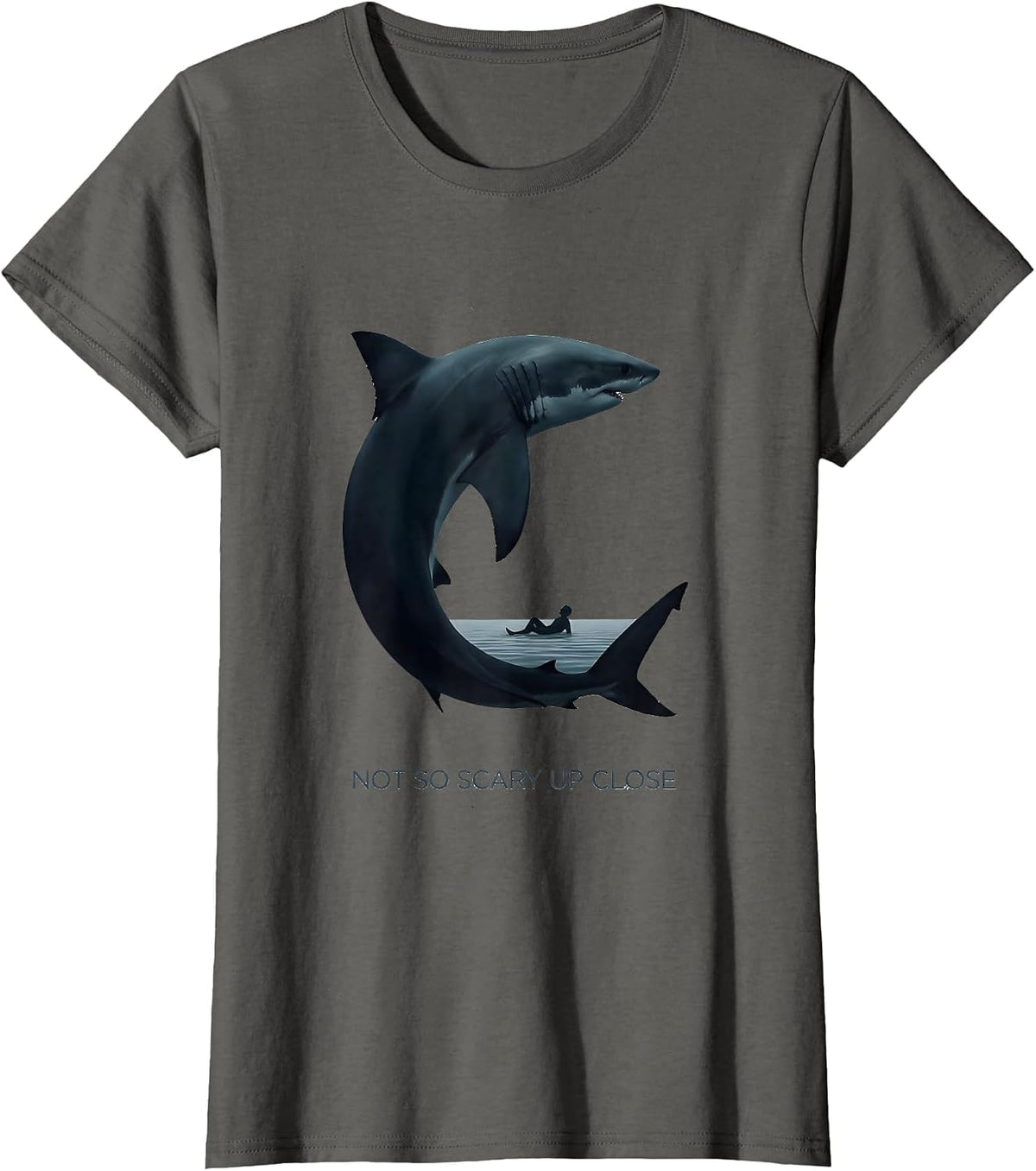 Women's Not So Scary Up Close Minimalist Shark Lover Humor Ocean T-Shirt - Asphalt Grey